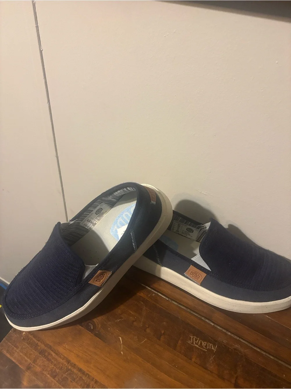 Hey Dude Navy Knit Slip-On Loafers with Tan Accent